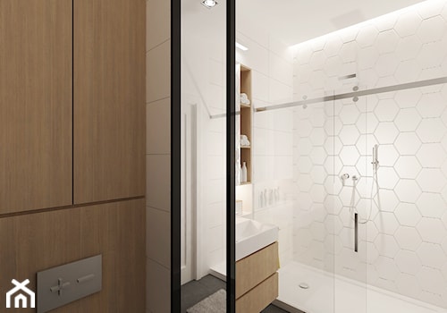 Projekt salonu z kuchnią i dwóch łazienek. Powierzchnia 52,1 m2. - Średnia bez okna z punktowym oświetleniem łazienka, styl nowoczesny - zdjęcie od 4ma projekt