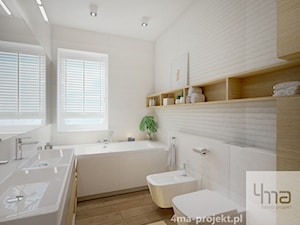 Projekt strefy dziennej 2 - Średnia na poddaszu z lustrem z dwoma umywalkami z punktowym oświetleniem łazienka z oknem, styl nowoczesny - zdjęcie od 4ma projekt