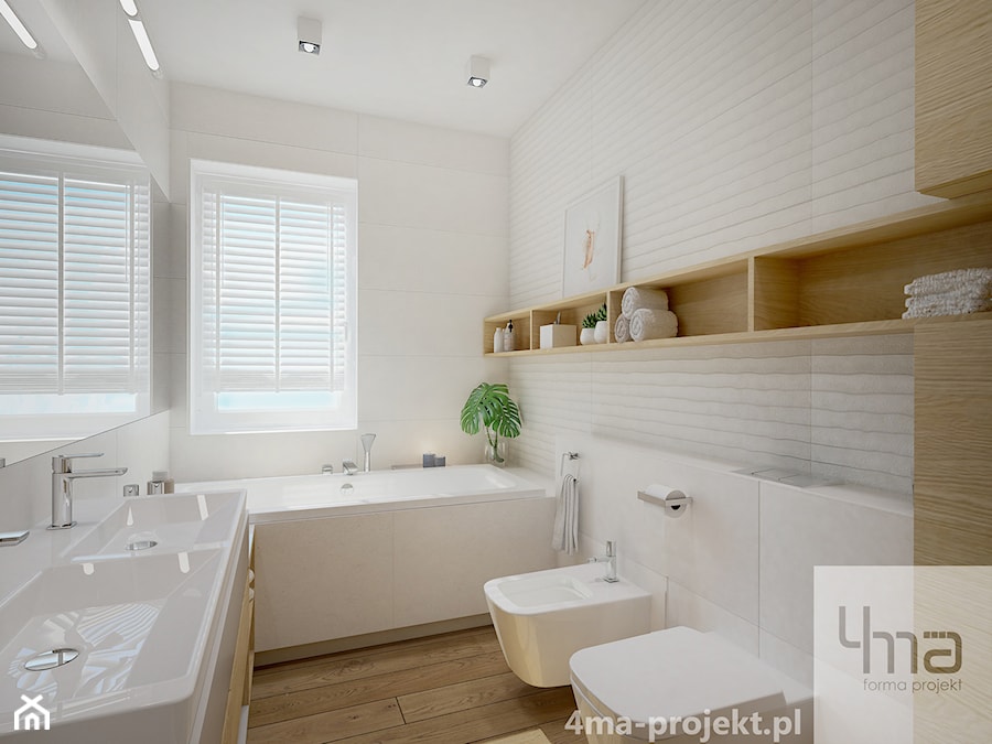 Projekt strefy dziennej 2 - Średnia na poddaszu z lustrem z dwoma umywalkami z punktowym oświetleniem łazienka z oknem, styl nowoczesny - zdjęcie od 4ma projekt