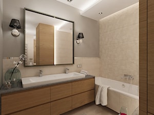 Projekt mieszkania 78 m2 na Woli. - Średnia bez okna z dwoma umywalkami z punktowym oświetleniem łazienka, styl nowoczesny - zdjęcie od 4ma projekt