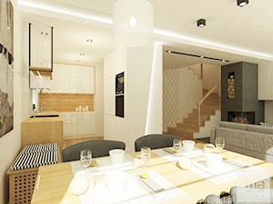 Projekt domu o pow. 125 m2 w Ożarowie Mazowieckim - Duży beżowy biały szary salon z kuchnią z jadalnią, styl nowoczesny - zdjęcie od 4ma projekt