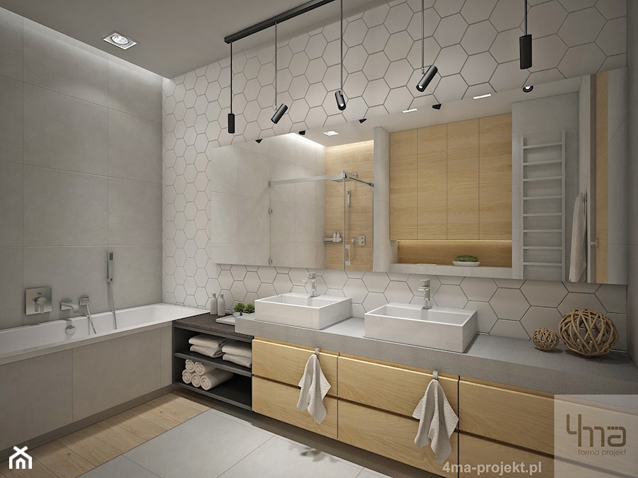 Dom 310 m2. - Średnia na poddaszu bez okna z dwoma umywalkami łazienka, styl nowoczesny - zdjęcie od 4ma projekt