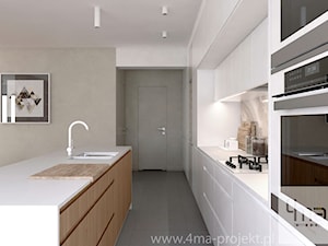 Projekt strefy dziennej o pow. 87 m2 w mieszkaniu dwupoziomowym. - Średnia otwarta z salonem beżowa biała z zabudowaną lodówką z podblatowym zlewozmywakiem kuchnia jednorzędowa z wyspą lub półwyspem z marmurem nad blatem kuchennym, styl nowoczesny - zdjęcie od 4ma projekt