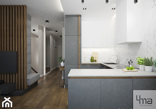 Mieszkanie o pow. 52 m2 w Grodzisku Mazowieckim - Średnia otwarta z salonem biała szara z zabudowaną lodówką z podblatowym zlewozmywakiem kuchnia w kształcie litery u, styl nowoczesny - zdjęcie od 4ma projekt