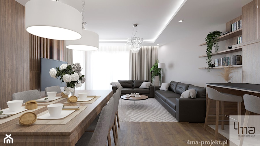 Mieszkanie 135m2 na Szczęśliwicach - Średni biały brązowy salon z jadalnią, styl nowoczesny - zdjęcie od 4ma projekt