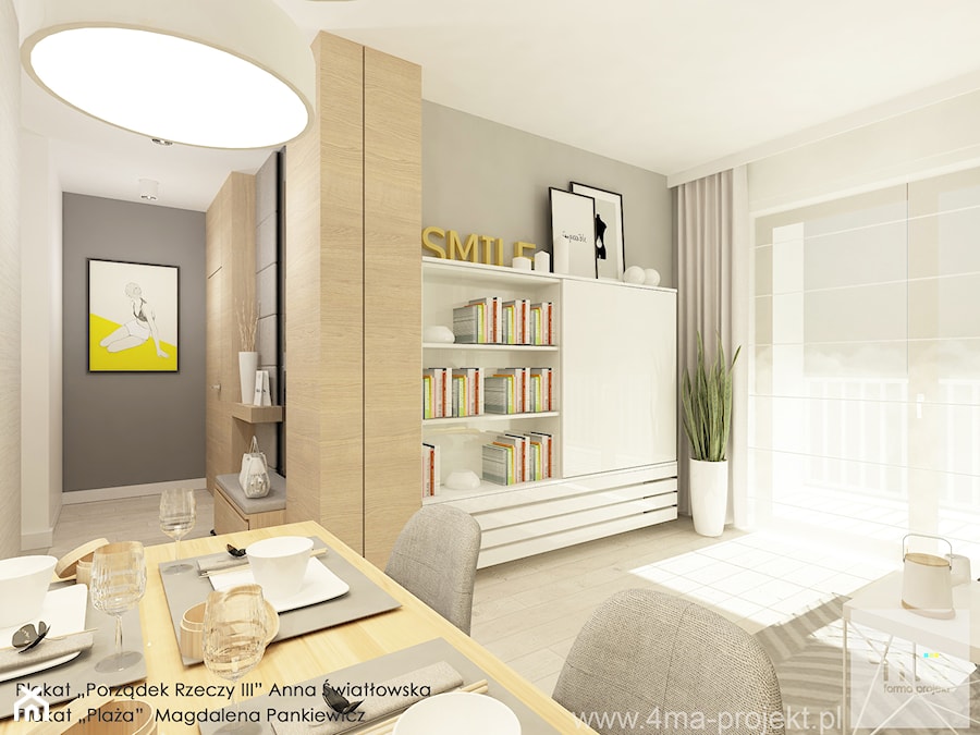 Projekt mieszkania o pow. 55,5 m2 w Wilanowie. - Mały szary salon z jadalnią, styl nowoczesny - zdjęcie od 4ma projekt