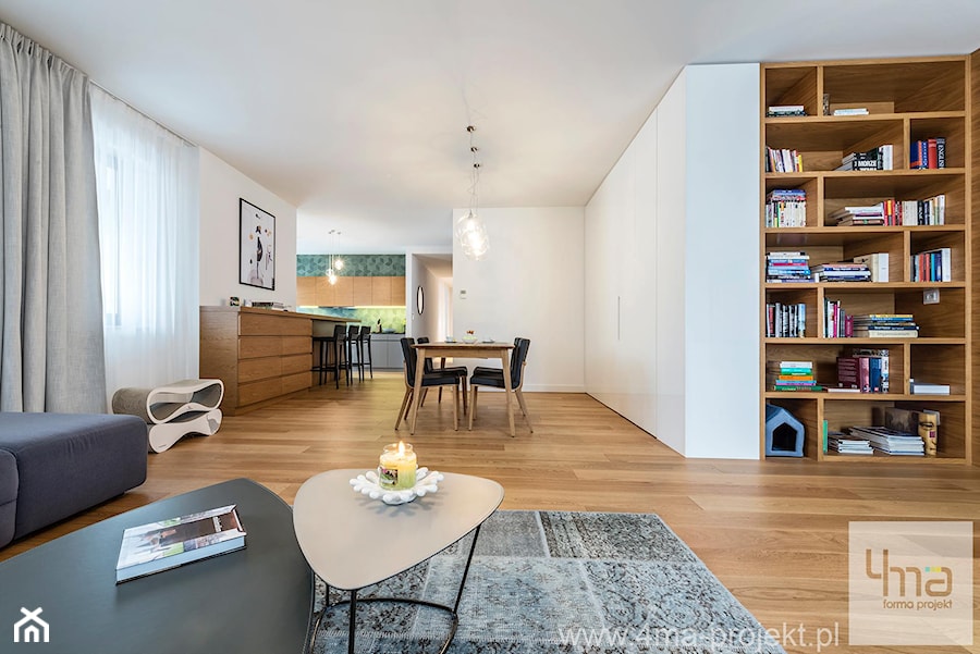 Projekt mieszkania 160 m2 na Mokotowie. - Duży biały salon z kuchnią z jadalnią, styl nowoczesny - zdjęcie od 4ma projekt