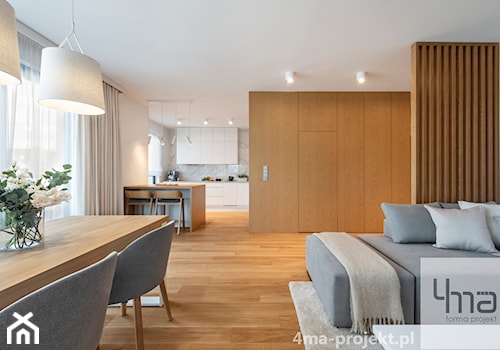 Mieszkanie 68m2 na Ochocie - Duży biały salon z kuchnią z jadalnią, styl nowoczesny - zdjęcie od 4ma projekt