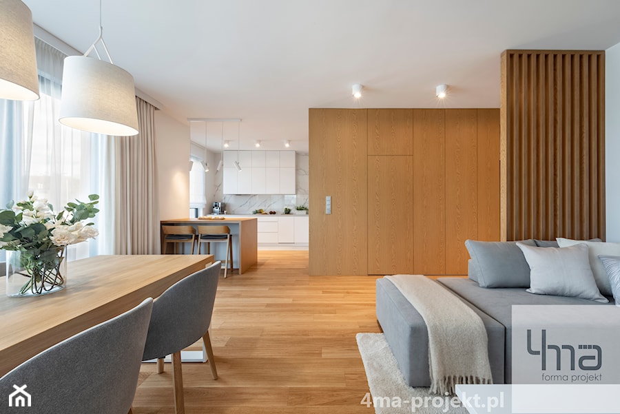 Mieszkanie 68m2 na Ochocie - Duży biały salon z kuchnią z jadalnią, styl nowoczesny - zdjęcie od 4ma projekt