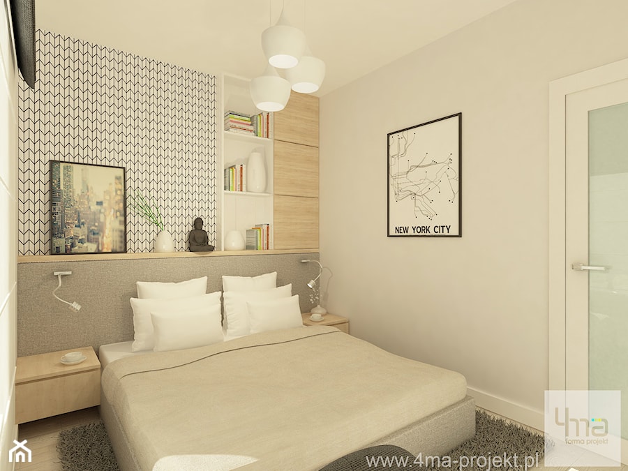Projekt mieszkania o pow. 55,5 m2 w Wilanowie. - Mała szara sypialnia, styl nowoczesny - zdjęcie od 4ma projekt