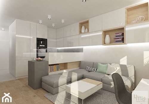 Projekt mieszkania w Pruszkowie - pow. 52,5 m2. - Mały biały salon z kuchnią z jadalnią z bibilotecz ... - zdjęcie od 4ma projekt
