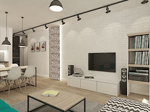 Mieszkanie 64 m2 z "loftowym" akcentem. - Duży beżowy biały salon z kuchnią z jadalnią z bibiloteczką, styl skandynawski - zdjęcie od 4ma projekt