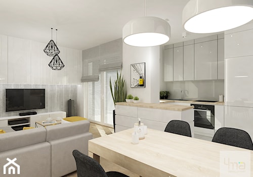 Projekt mieszkania na Bielanach o pow. 51,5 m2. - Średnia otwarta biała szara z zabudowaną lodówką z nablatowym zlewozmywakiem kuchnia w kształcie litery u z wyspą lub półwyspem, styl nowoczesny - zdjęcie od 4ma projekt