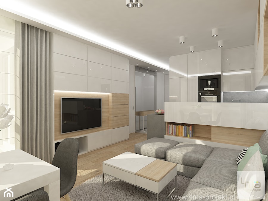 Projekt mieszkania w Pruszkowie - pow. 52,5 m2. - Mały salon z kuchnią z jadalnią, styl nowoczesny - zdjęcie od 4ma projekt