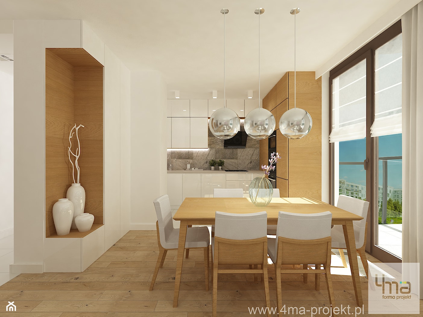 Projekt mieszkania 98 m2 w Wilanowie. - Średnia biała jadalnia w kuchni, styl nowoczesny - zdjęcie od 4ma projekt - Homebook