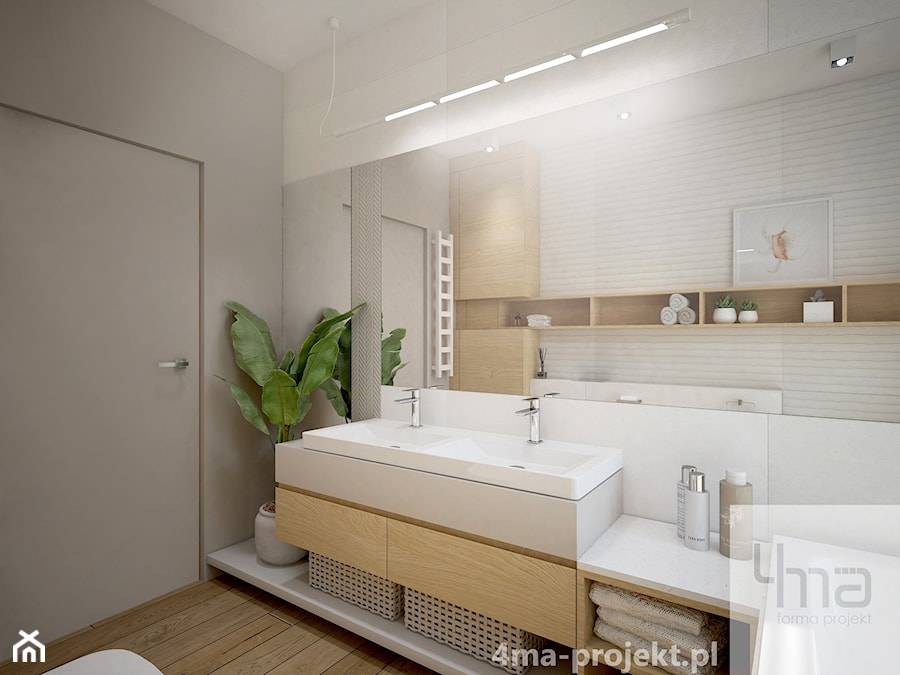 Projekt strefy dziennej 2 - Mała na poddaszu bez okna z lustrem z dwoma umywalkami łazienka, styl nowoczesny - zdjęcie od 4ma projekt