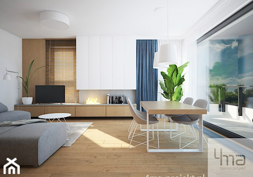Mieszkanie 68 m2 - Duży beżowy biały salon z jadalnią z tarasem / balkonem z bibiloteczką, styl nowoczesny - zdjęcie od 4ma projekt