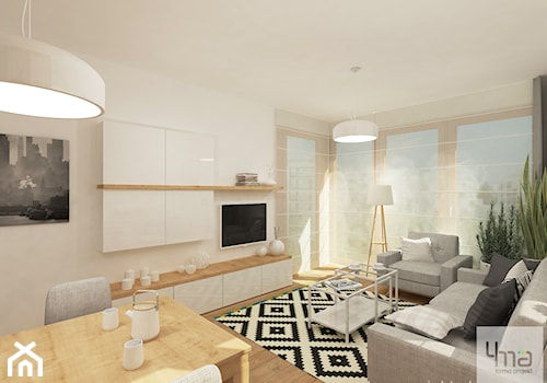 Projekt mieszkania w Wilanowie, pow. 52 m2 - Średni beżowy salon z jadalnią, styl skandynawski - zdjęcie od 4ma projekt