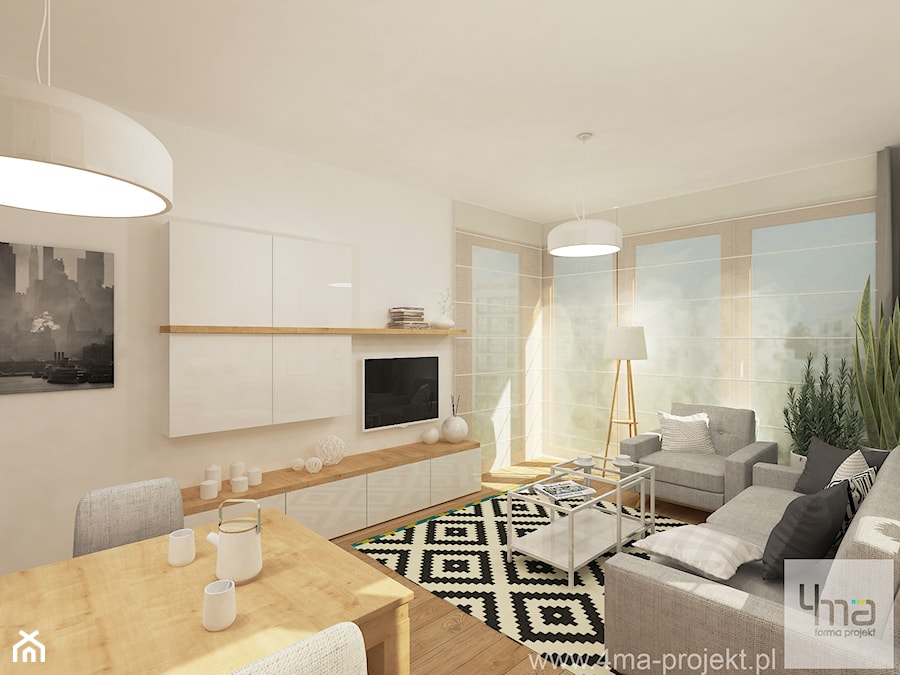 Projekt mieszkania w Wilanowie, pow. 52 m2 - Średni beżowy salon z jadalnią, styl skandynawski - zdjęcie od 4ma projekt