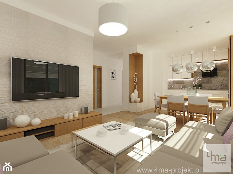 Projekt mieszkania 98 m2 w Wilanowie. - Mały biały salon z kuchnią z jadalnią, styl nowoczesny - zdjęcie od 4ma projekt