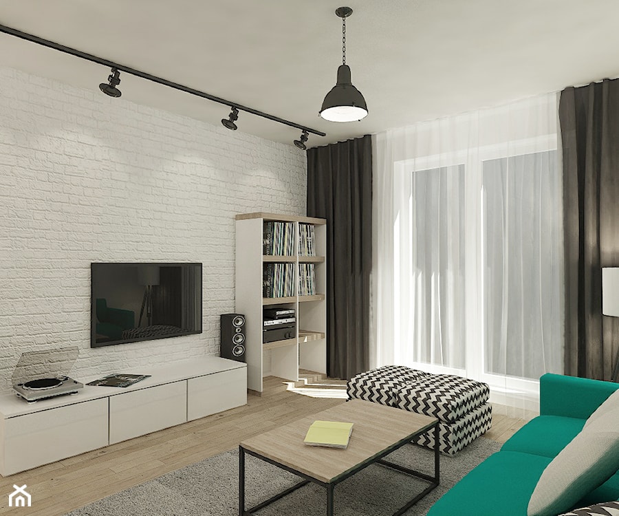 Mieszkanie 64 m2 z "loftowym" akcentem. - Średni biały salon z tarasem / balkonem, styl skandynawski - zdjęcie od 4ma projekt