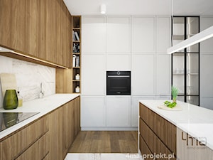Mieszkanie 128 m2 - Gocławek - Średnia otwarta z salonem beżowa biała z zabudowaną lodówką z podblatowym zlewozmywakiem kuchnia w kształcie litery l z wyspą lub półwyspem, styl nowoczesny - zdjęcie od 4ma projekt