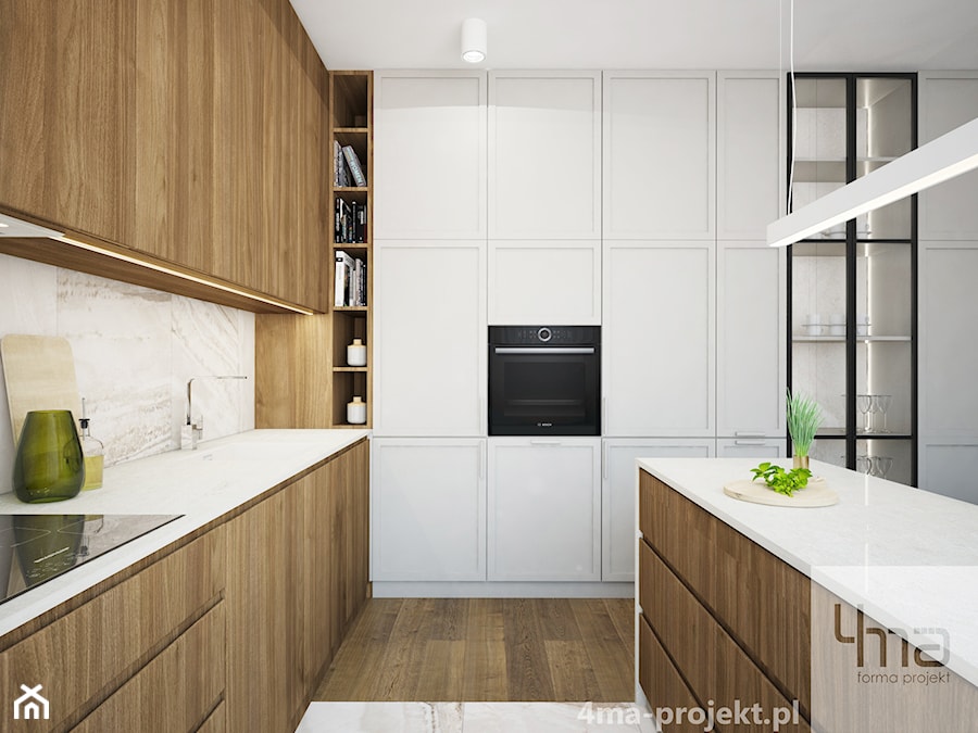 Mieszkanie 128 m2 - Gocławek - Średnia otwarta z salonem beżowa biała z zabudowaną lodówką z podblatowym zlewozmywakiem kuchnia w kształcie litery l z wyspą lub półwyspem, styl nowoczesny - zdjęcie od 4ma projekt