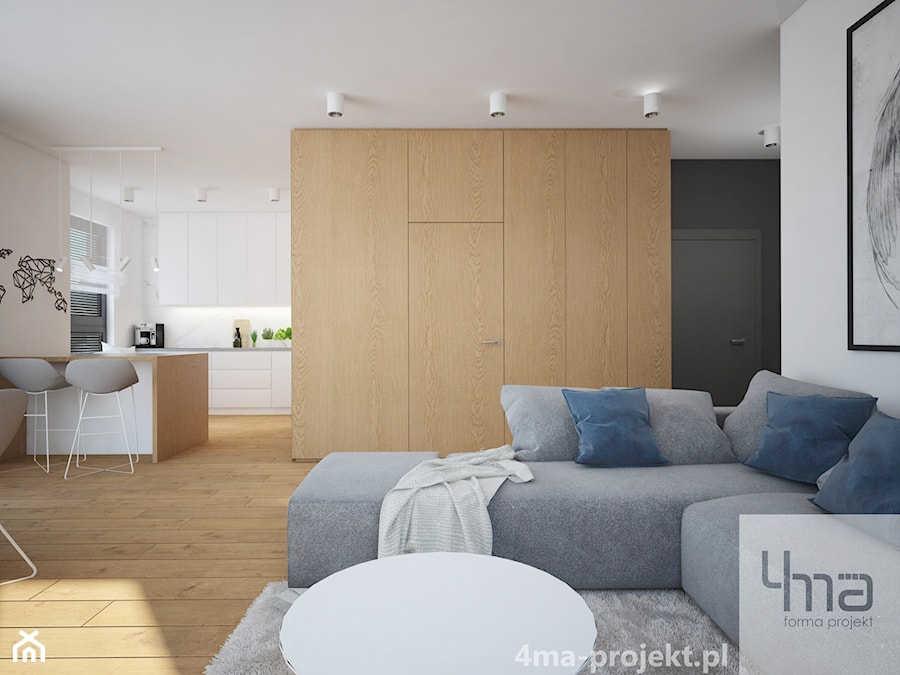 Mieszkanie 68 m2 - Duży beżowy biały salon z kuchnią z jadalnią, styl nowoczesny - zdjęcie od 4ma projekt