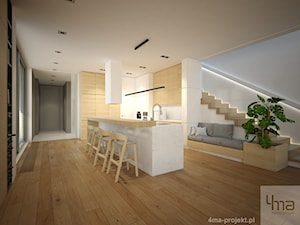 Dom 310 m2. - Duża otwarta z salonem biała z zabudowaną lodówką z podblatowym zlewozmywakiem kuchnia dwurzędowa z oknem, styl nowoczesny - zdjęcie od 4ma projekt
