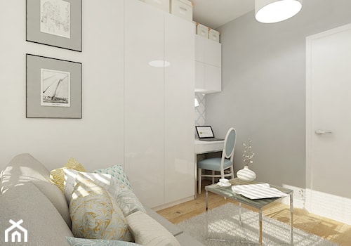 Projekt mieszkania 78 m2 na Woli. - Średnie z sofą szare z fotografiami na ścianie biuro, styl nowoczesny - zdjęcie od 4ma projekt