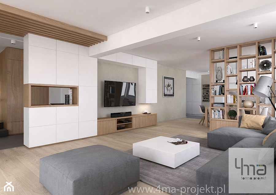 Projekt strefy dziennej o pow. 87 m2 w mieszkaniu dwupoziomowym. - Średni beżowy salon z kuchnią z jadalnią, styl nowoczesny - zdjęcie od 4ma projekt