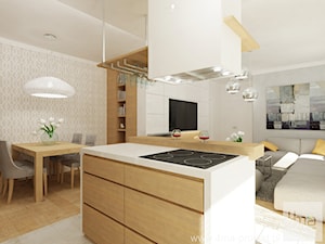 Projekt mieszkania 78 m2 na Woli. - Średni beżowy szary salon z kuchnią z jadalnią, styl nowoczesny - zdjęcie od 4ma projekt