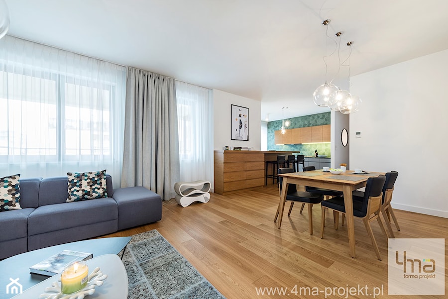 Projekt mieszkania 160 m2 na Mokotowie. - Średnia biała jadalnia w salonie w kuchni, styl nowoczesny - zdjęcie od 4ma projekt