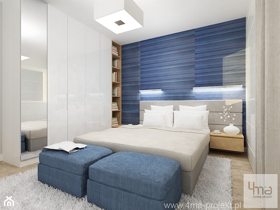 Średnia biała niebieska z panelami tapicerowanymi sypialnia, styl nowoczesny - zdjęcie od 4ma projekt