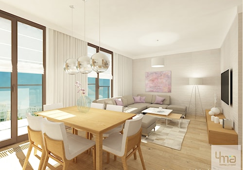 Projekt mieszkania 98 m2 w Wilanowie. - Średni beżowy salon z jadalnią z tarasem / balkonem, styl tradycyjny - zdjęcie od 4ma projekt