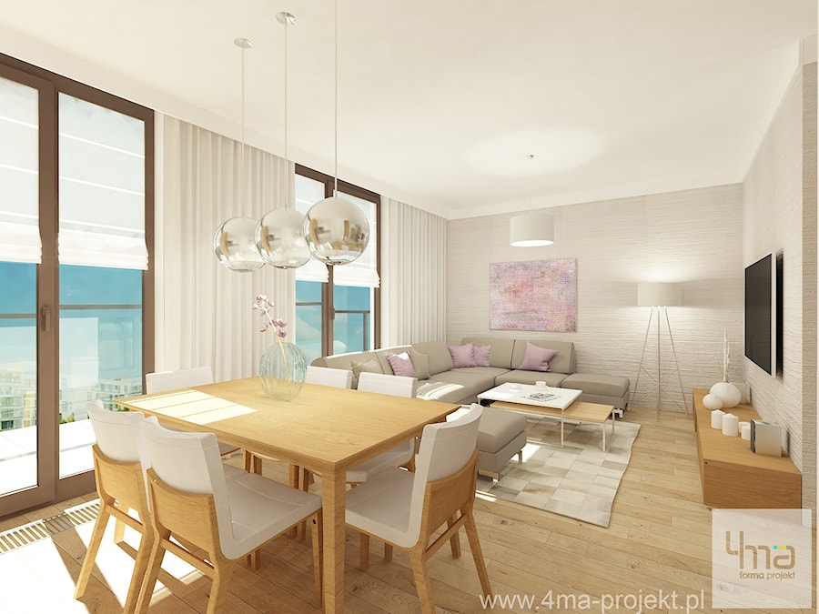 Projekt mieszkania 98 m2 w Wilanowie. - Średni beżowy salon z jadalnią z tarasem / balkonem, styl tradycyjny - zdjęcie od 4ma projekt