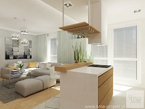 Projekt mieszkania 78 m2 na Woli. - Duży biały szary salon z kuchnią, styl nowoczesny - zdjęcie od 4ma projekt