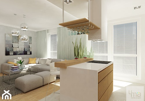 Projekt mieszkania 78 m2 na Woli. - Duży biały szary salon z kuchnią, styl nowoczesny - zdjęcie od 4ma projekt