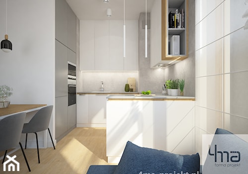 Mieszkanie opow. 55m2 - Wola - Średnia otwarta z salonem z kamiennym blatem szara z zabudowaną lodówką z podblatowym zlewozmywakiem kuchnia w kształcie litery g, styl nowoczesny - zdjęcie od 4ma projekt