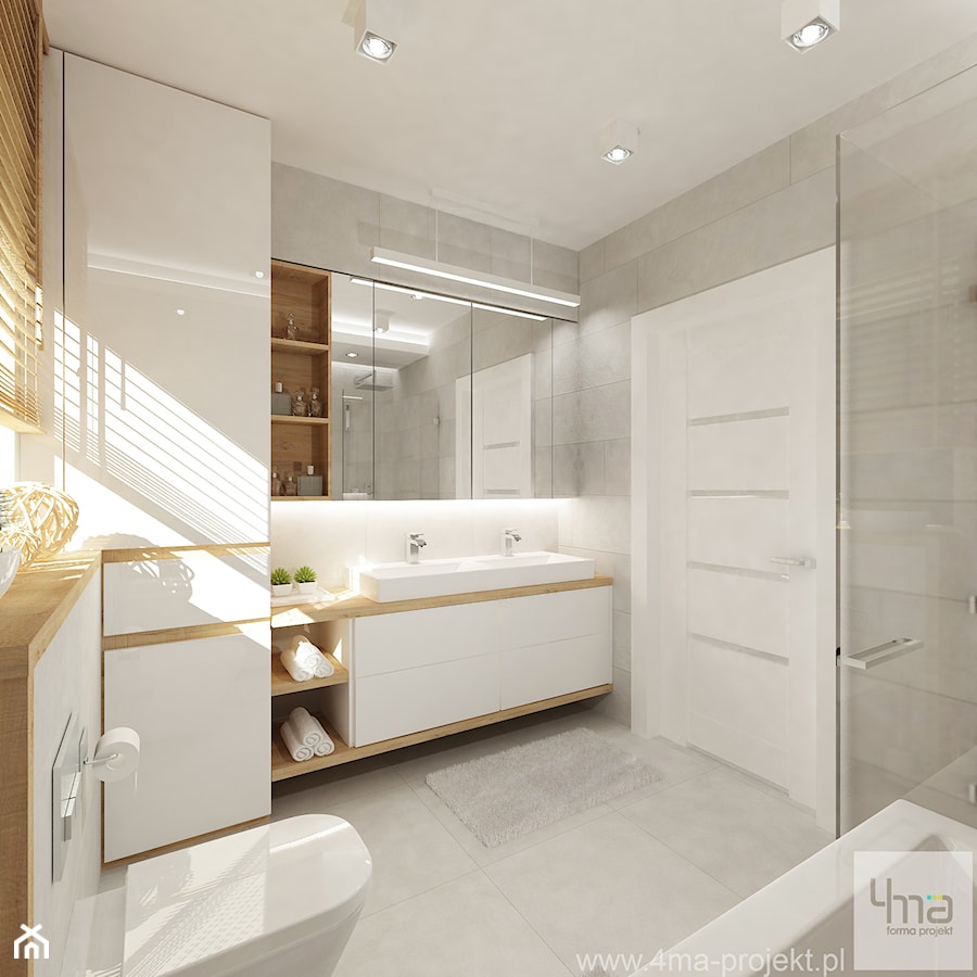 Średnia na poddaszu z dwoma umywalkami łazienka z oknem, styl nowoczesny - zdjęcie od 4ma projekt