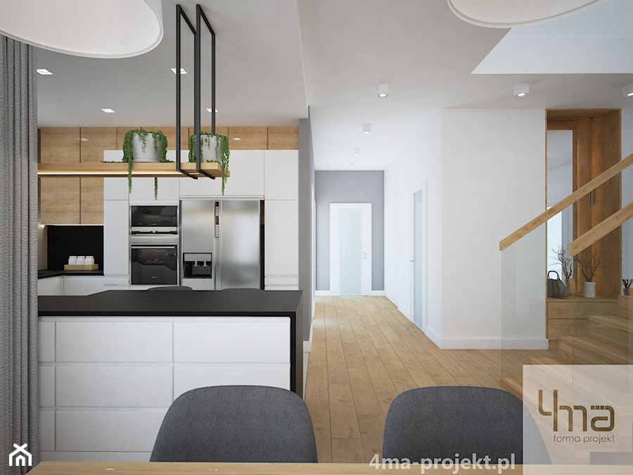 Dom w Łodzi - Średnia otwarta z kamiennym blatem biała szara z zabudowaną lodówką kuchnia w kształcie litery g z oknem, styl nowoczesny - zdjęcie od 4ma projekt