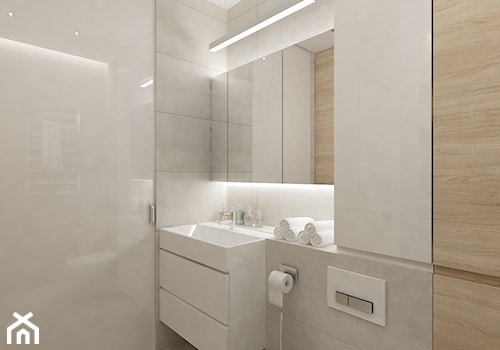 Projekt mieszkania w Pruszkowie - pow. 52,5 m2. - Mała średnia bez okna z punktowym oświetleniem łazienka, styl nowoczesny - zdjęcie od 4ma projekt