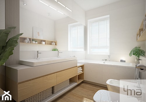 Projekt strefy dziennej 2 - Średnia z dwoma umywalkami z punktowym oświetleniem łazienka z oknem, styl nowoczesny - zdjęcie od 4ma projekt