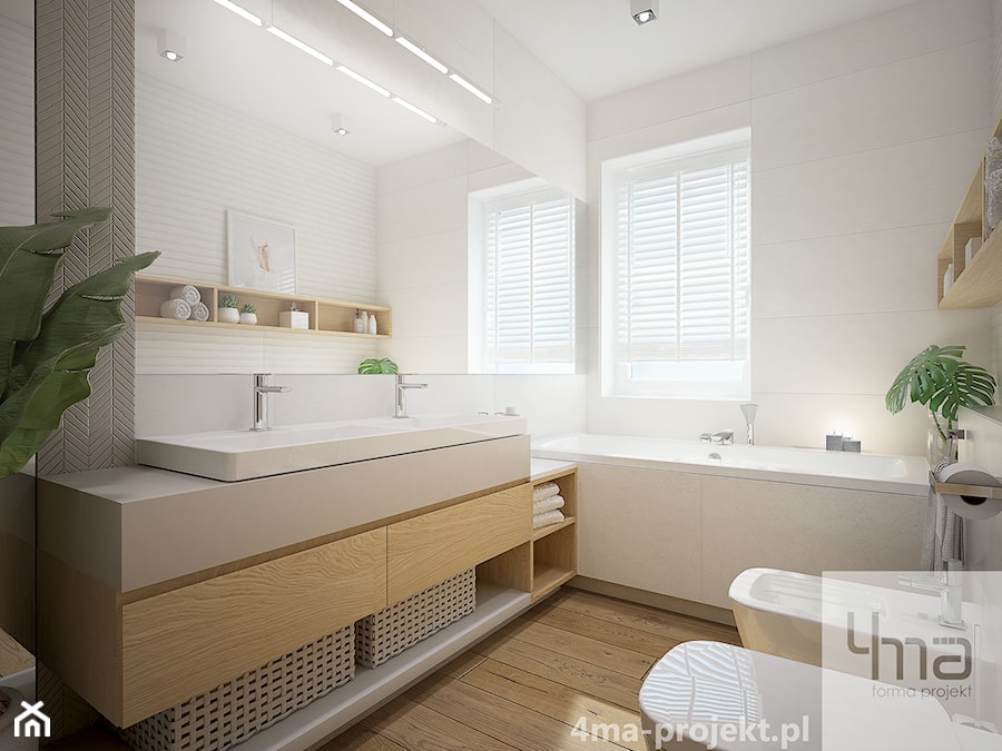 Projekt strefy dziennej 2 - Średnia z dwoma umywalkami z punktowym oświetleniem łazienka z oknem, styl nowoczesny - zdjęcie od 4ma projekt