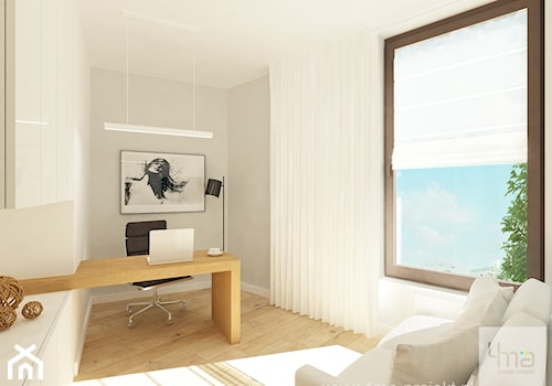 Projekt mieszkania 98 m2 w Wilanowie. - Małe w osobnym pomieszczeniu z sofą z zabudowanym biurkiem szare biuro, styl nowoczesny - zdjęcie od 4ma projekt