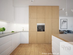Mieszkanie 68 m2 - Duża otwarta z salonem biała z zabudowaną lodówką kuchnia w kształcie litery g z wyspą lub półwyspem, styl nowoczesny - zdjęcie od 4ma projekt