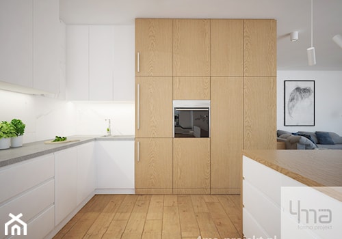 Mieszkanie 68 m2 - Duża otwarta z salonem biała z zabudowaną lodówką kuchnia w kształcie litery g z wyspą lub półwyspem, styl nowoczesny - zdjęcie od 4ma projekt