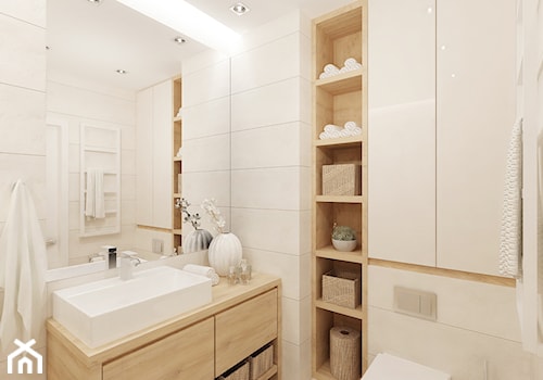 Projekt salonu z aneksem kuchennym 22 m2 i łazienki 5,2 m2. - Średnia bez okna z punktowym oświetleniem łazienka, styl nowoczesny - zdjęcie od 4ma projekt