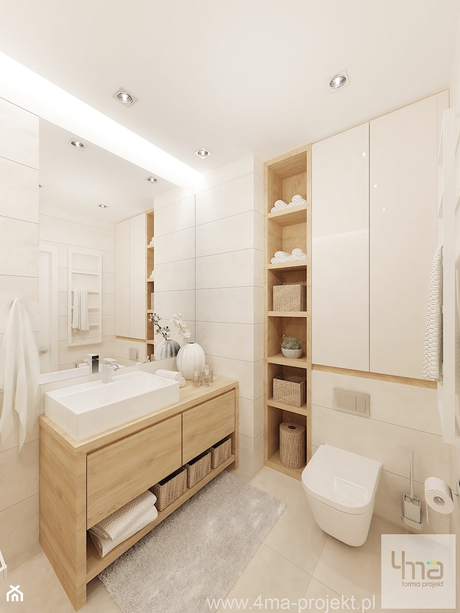 Projekt salonu z aneksem kuchennym 22 m2 i łazienki 5,2 m2. - Średnia bez okna z punktowym oświetleniem łazienka, styl nowoczesny - zdjęcie od 4ma projekt