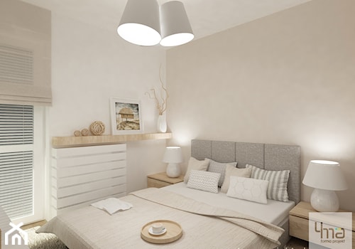 Projekt mieszkania na Bielanach o pow. 51,5 m2. - Mała średnia beżowa sypialnia z balkonem / tarasem, styl skandynawski - zdjęcie od 4ma projekt